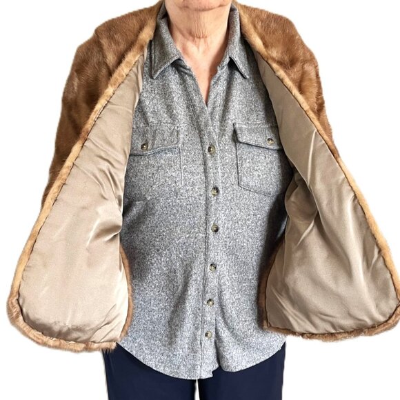 VTG 1960s Genuine Mink Fur Stole Shawl Wrap Brown Satin Lined JC Penney Pockets - Picture 5 of 11